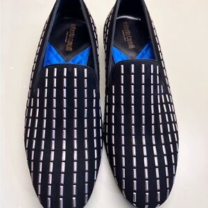 NWT ROBERTO CAVALLI Elegant Black Leather Slip-On Loafers with Cushioned Insole